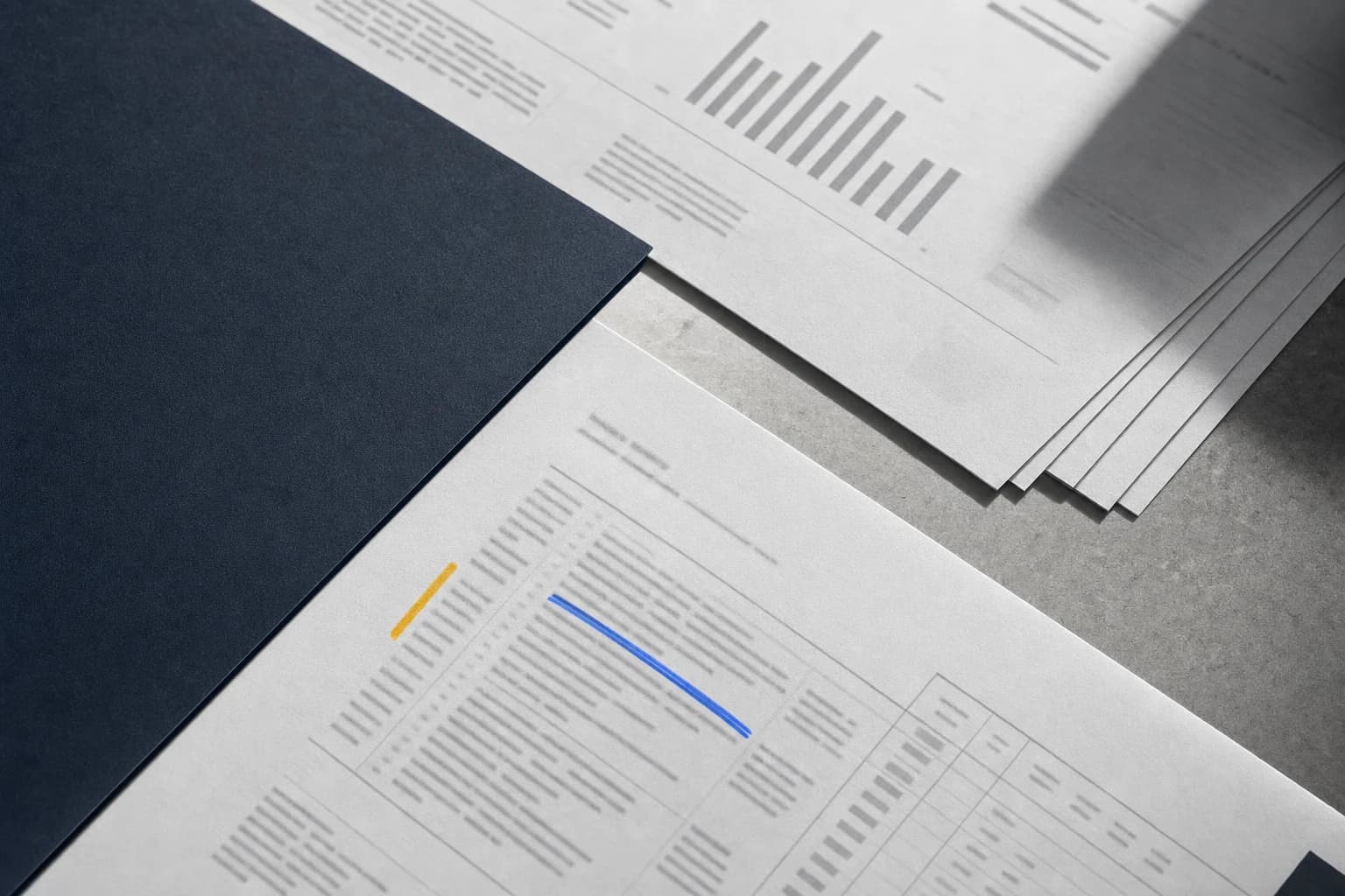 Layered security assessment reports arranged on a dark folder