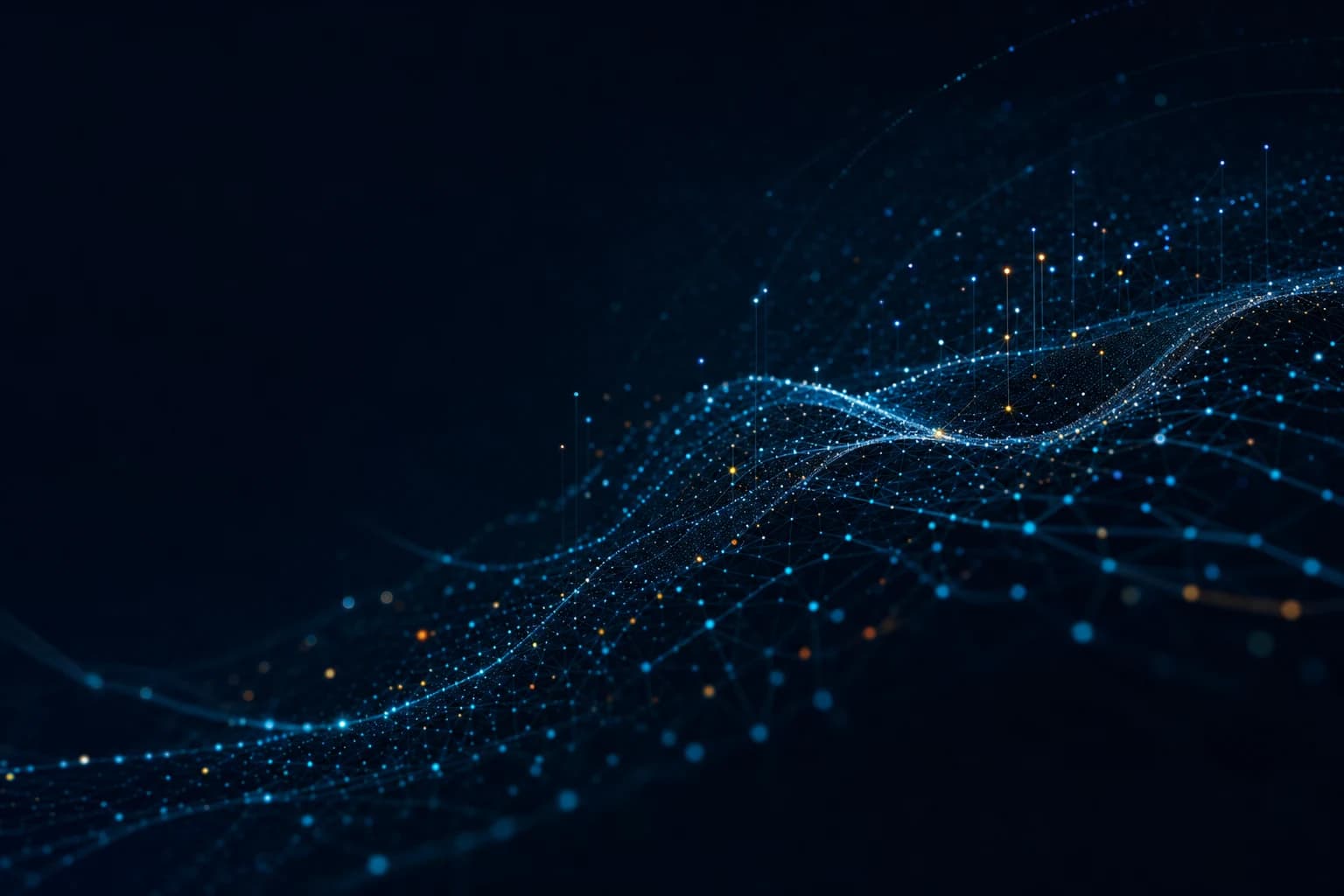 A precise field of blue and amber data signals moving across a dark surface